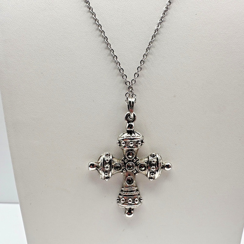 Vintage 90s Byzantine Cross Necklace Silver Tone Gothic Y2K Pendant